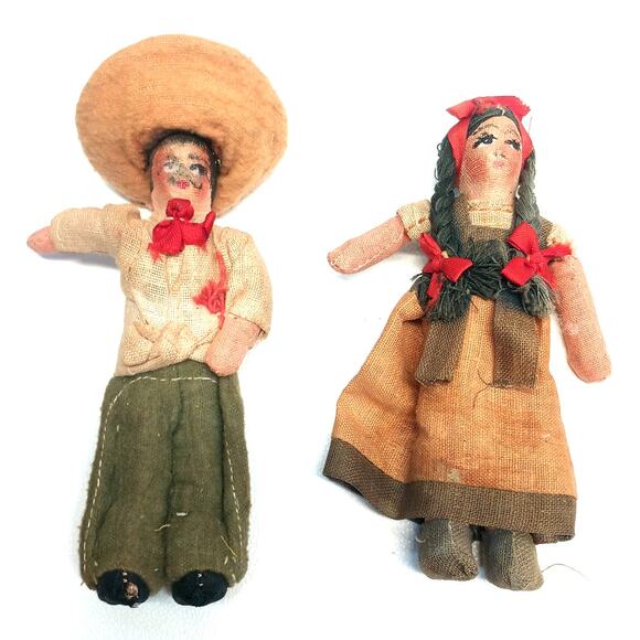 Vintage Mexican Folk Art Fabric Cloth Handmade Dolls 6" Set of 2 1940's? - Picture 1 of 8